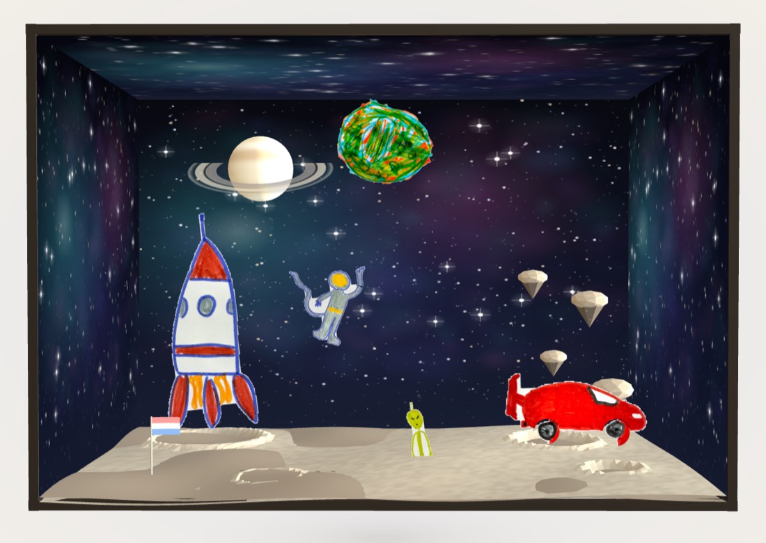 a class world in action — kid drawings alive in space